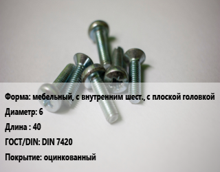 Винт мебельный, с внутренним шест., с плоской головкой 6х40 DIN 7420 оцинкованный, РМЗ, кг цена от 206.76 Тг / кг, где купить, условия доставки в Шымкенте и Южно-Казахстанской области